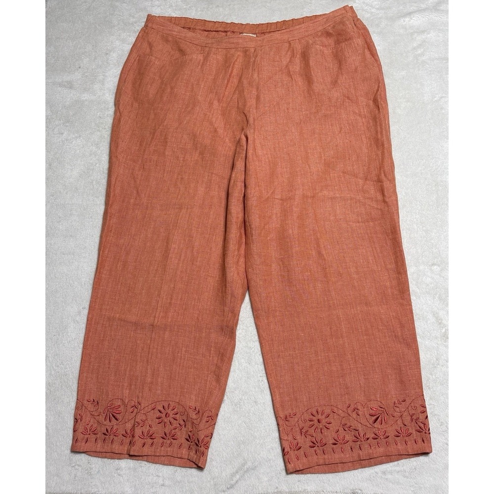 Sigrid Olsen 100% Linen Capri Pants Womens 14W Orange Embroidered Wide Leg Crop